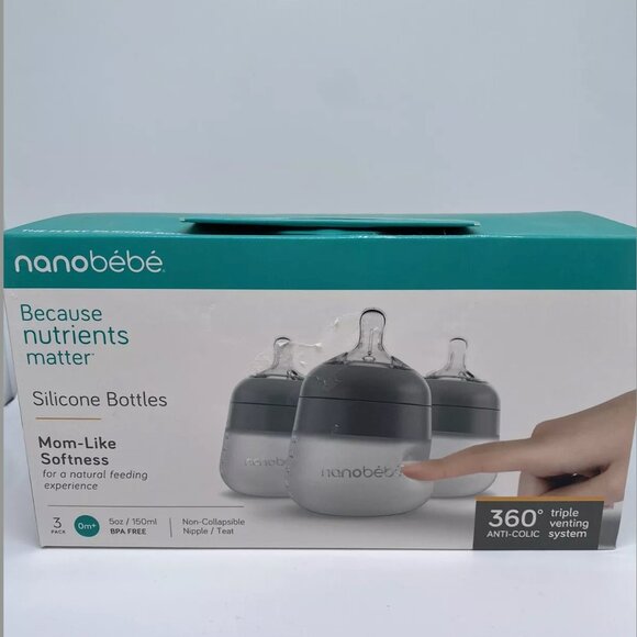 Nanobebe Silicone Baby Bottle Set Anti-colic Pack Of 3, 5 oz, 150ml Venting - Picture 1 of 4